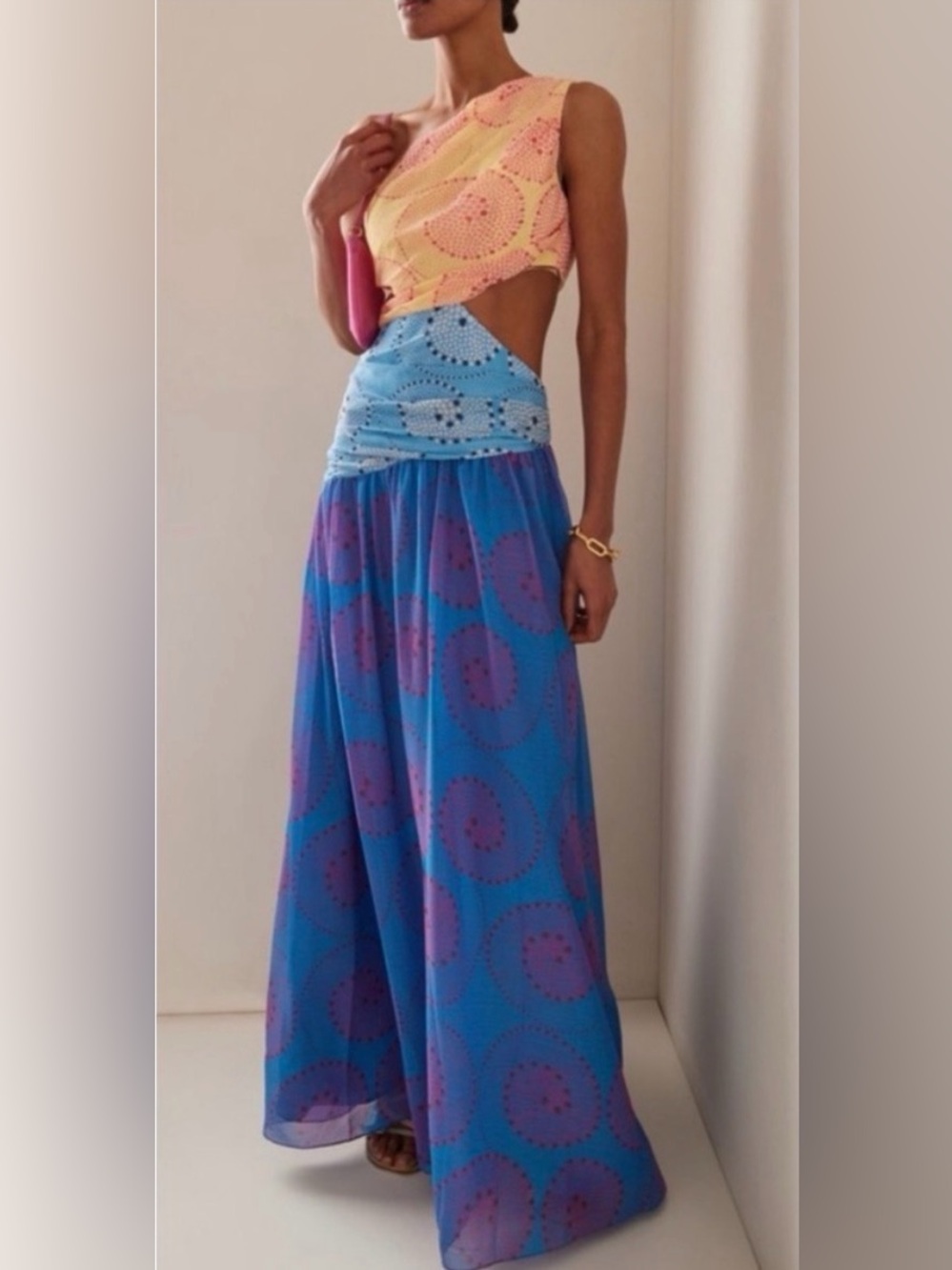 STAUD Colorblock Dot Print Maxi Dress Orange Blue NWOT
